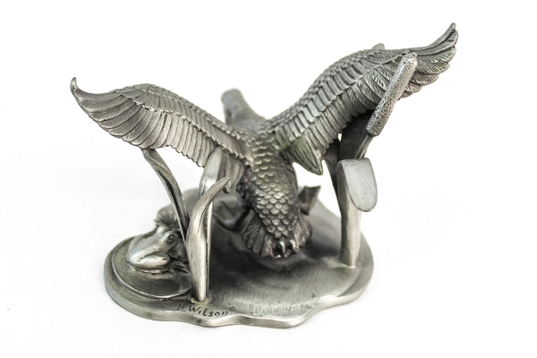 Vintage Lance Fine Pewter Mallard Duck Taking Flight Frog Pond Cattail Figurine