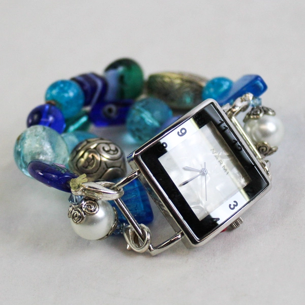 Narmi Bracelet Wristwatch Stainless Steel Back Water Resistant Blue Beads