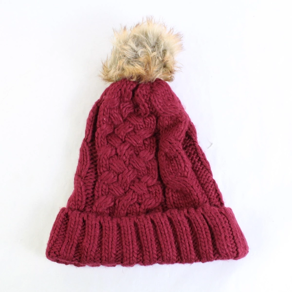 Women's Faux Fur Pom Pom Stocking Hat One Size Knit Burgundy