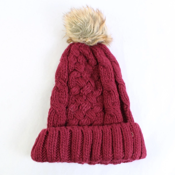 Women's Faux Fur Pom Pom Stocking Hat One Size Knit Burgundy