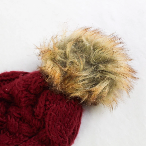 Women's Faux Fur Pom Pom Stocking Hat One Size Knit Burgundy
