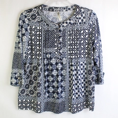 PerSeption Concept Women's Blue White 1/2 Button Front Blouse Size Small