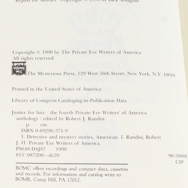 Justice for Hire by Robert J. Randisi 1990 Hardcover Crime Anthology Book