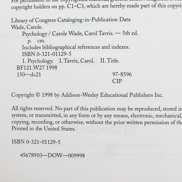 Psychology by Carole Wade and Carol Tavris 1998 5th Edition Hardcover Textbook