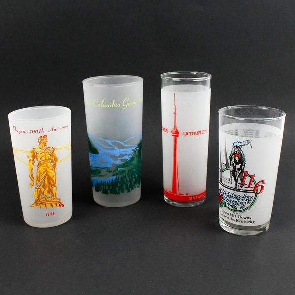 Lot of 4 Travel Souvenir and Commemorative Frosted Glass Tumblers