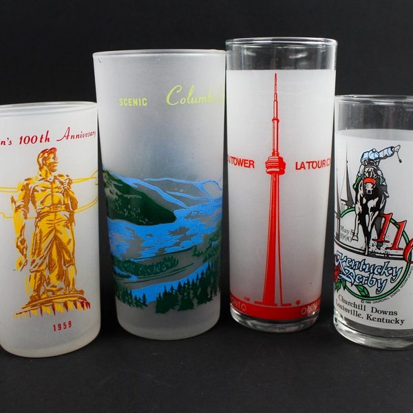 Lot of 4 Travel Souvenir and Commemorative Frosted Glass Tumblers