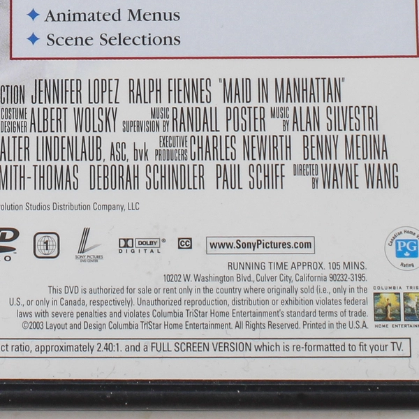 Maid in Manhattan DVD 2003 Jennifer Lopez Ralph Fiennes Romantic Comedy