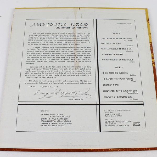 The Bright Tomorrows: A Wonderful World C-2104 Vinyl Record - Good Condition