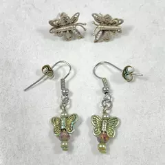 Lot of 2 Silver Tone Butterfly Earrings for Pierced Ears - Stud & Dangle