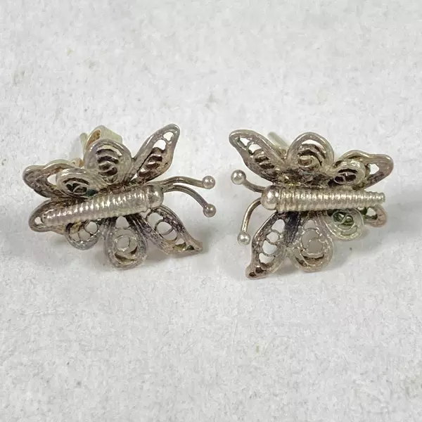 Lot of 2 Silver Tone Butterfly Earrings for Pierced Ears - Stud & Dangle