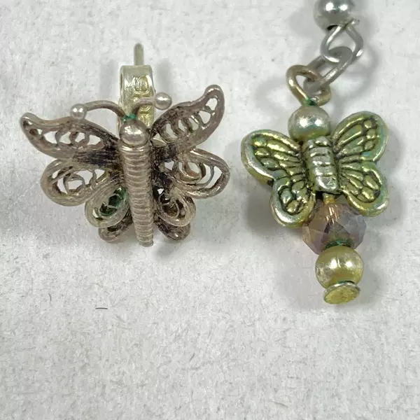 Lot of 2 Silver Tone Butterfly Earrings for Pierced Ears - Stud & Dangle