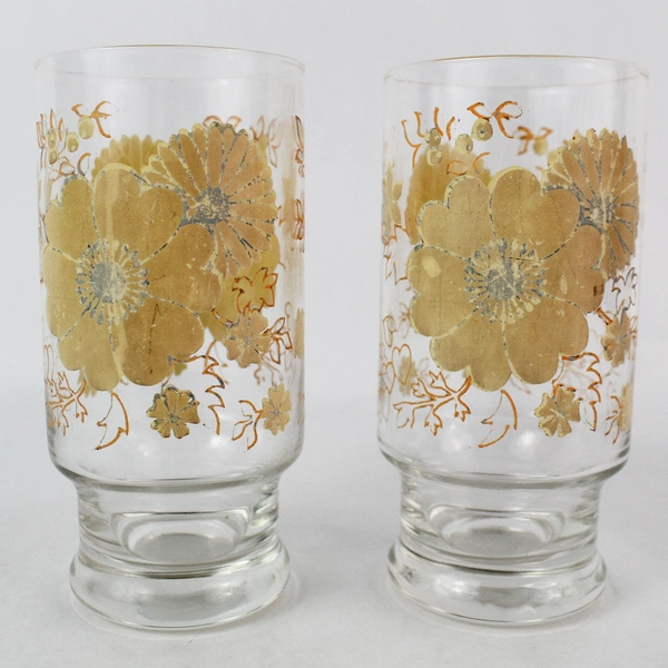 Set of 2 Mid Century Glass Tumblers Clear w/ Yellow Flowers Orange Leaves Hearts