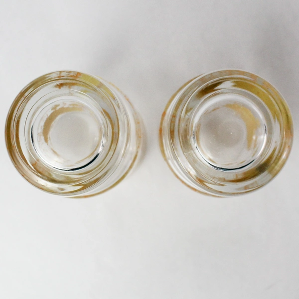 Set of 2 Mid Century Glass Tumblers Clear w/ Yellow Flowers Orange Leaves Hearts