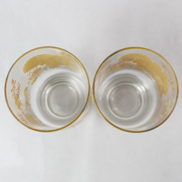 Set of 2 Mid Century Glass Tumblers Clear w/ Yellow Flowers Orange Leaves Hearts