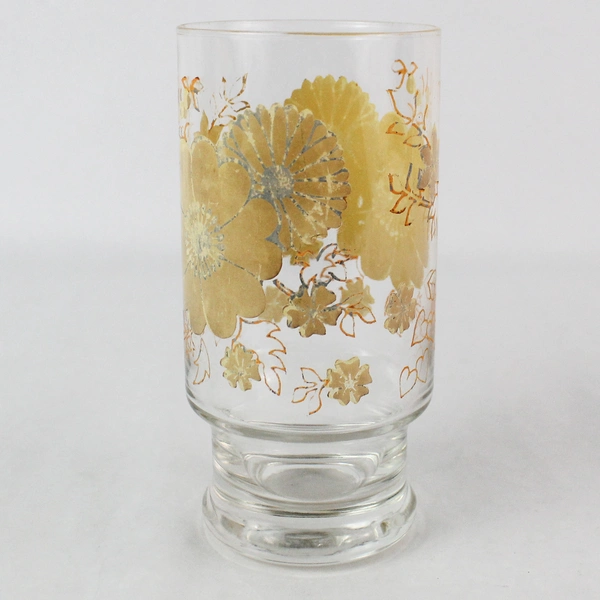 Set of 2 Mid Century Glass Tumblers Clear w/ Yellow Flowers Orange Leaves Hearts