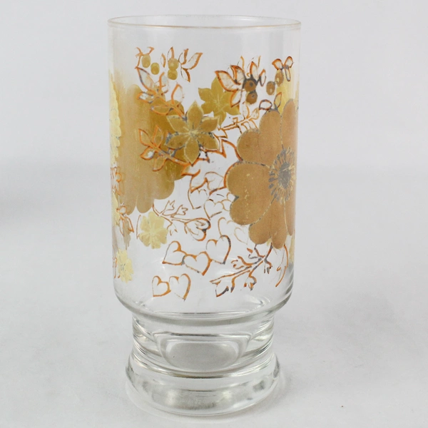 Set of 2 Mid Century Glass Tumblers Clear w/ Yellow Flowers Orange Leaves Hearts
