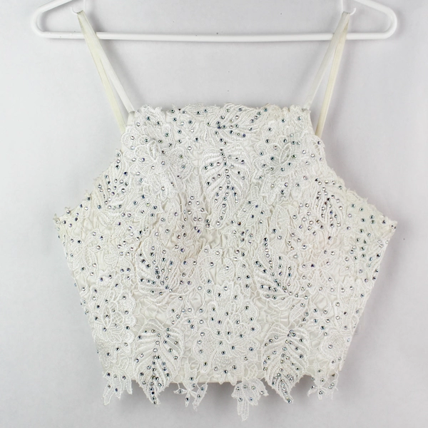 White Bedazzled Cropped Top with Built-In Bra Pads Women's Size 3/4