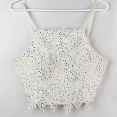 White Bedazzled Cropped Top with Built-In Bra Pads Women's Size 3/4