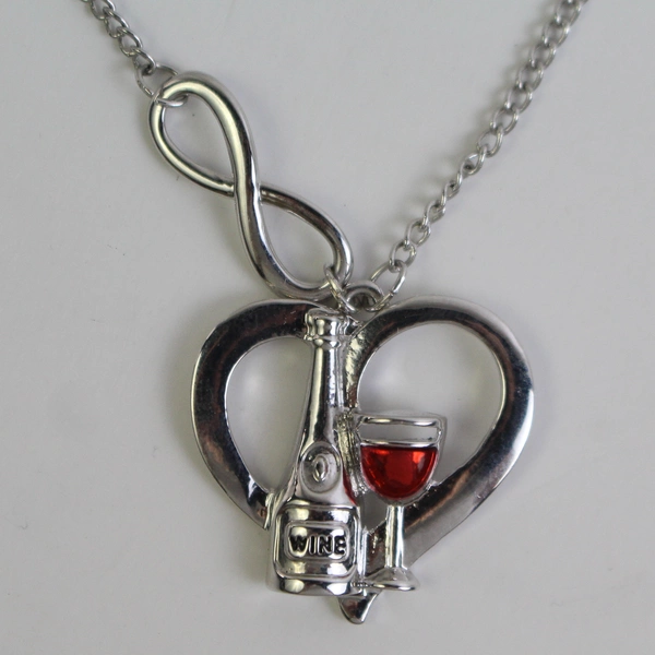 EloiseArt Silver-Tone Heart-Shaped Whine Glass & Bottle Necklace