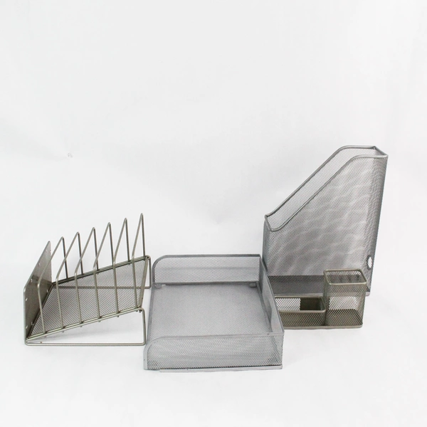 4 Piece Silver-Toned Metal Wire Desk Organizer Set Stylish & Functional