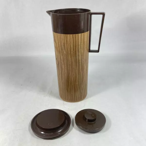 Vintage Aladdin Thermos Pitcher 4460 Brown Wood Grain 11.5" Insulated
