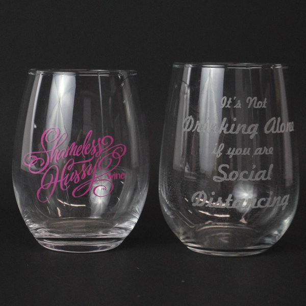 Lot of 2 Funny Clear Stemless Wine Glasses