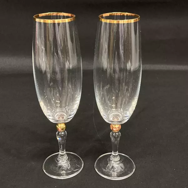Set of 2 Bohemia Crystal Champagne Flutes with Gold Trim 8" Tall