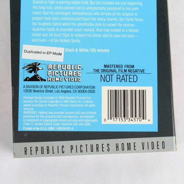 Rio Grande VHS 1989 John Wayne Maureen O'Hara Classic Film Pre-Owned