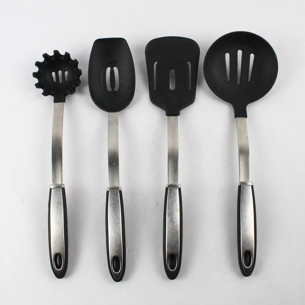 Set of 4 Stainless Steel and Silicone Kitchen Utensils Silver Black