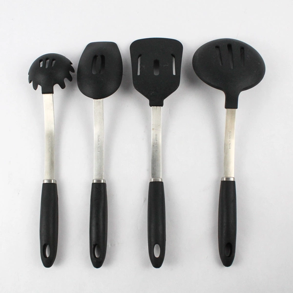 Set of 4 Stainless Steel and Silicone Kitchen Utensils Silver Black