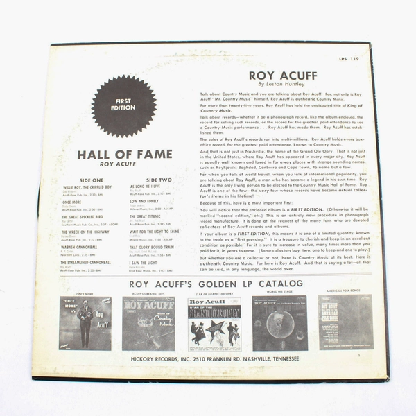 Roy Acuff Hall Of Fame LP 12" Vinyl Record Album First Edition