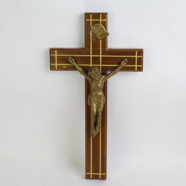 Vintage Wooden & Brass Inlay Crucifix Cross 