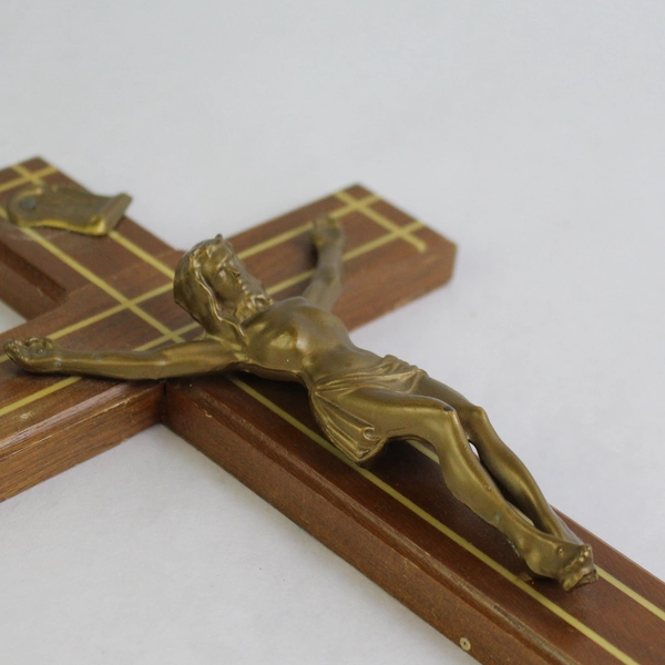 Vintage Wooden & Brass Inlay Crucifix Cross 