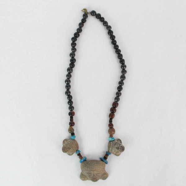 Vintage Wood And Turquoise Bead Necklace With Carved Clay Aztec Figures
