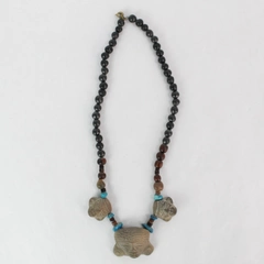 Vintage Wood And Turquoise Bead Necklace With Carved Clay Aztec Figures