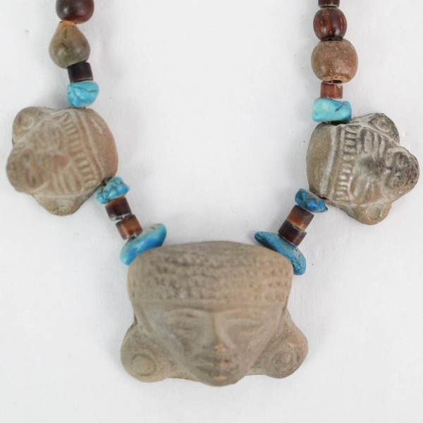Vintage Wood And Turquoise Bead Necklace With Carved Clay Aztec Figures