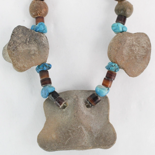 Vintage Wood And Turquoise Bead Necklace With Carved Clay Aztec Figures