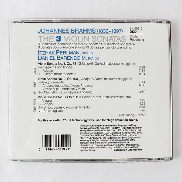 Itzhak Perlman Brahms 3 Violin Sonatas 1990 CD Sony Classical - Good Condition