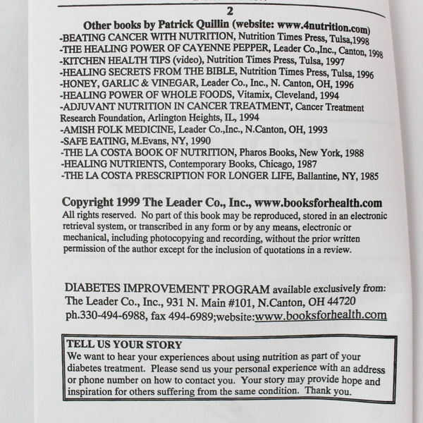 The Diabetes Improvement Program by Patrick Quillin 1999 Paperback