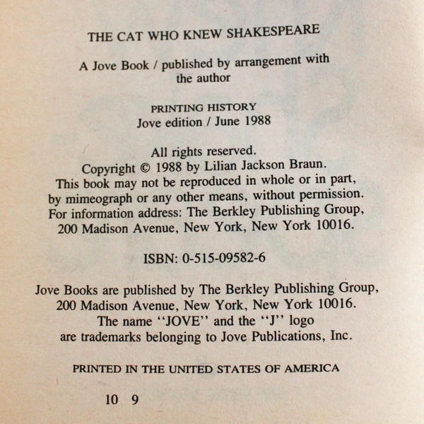 The Cat Who Knew Shakespeare by Lilian Jackson Braun 1988