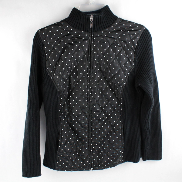 Croft & Barrow Black Zip-Up Jacket with White Polka Dots Women's Medium