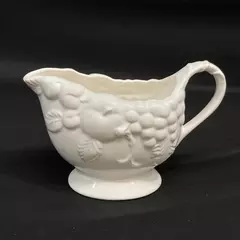 Vintage Milkglass Footed Pitcher Japan Embossed Fruits 5" Tall