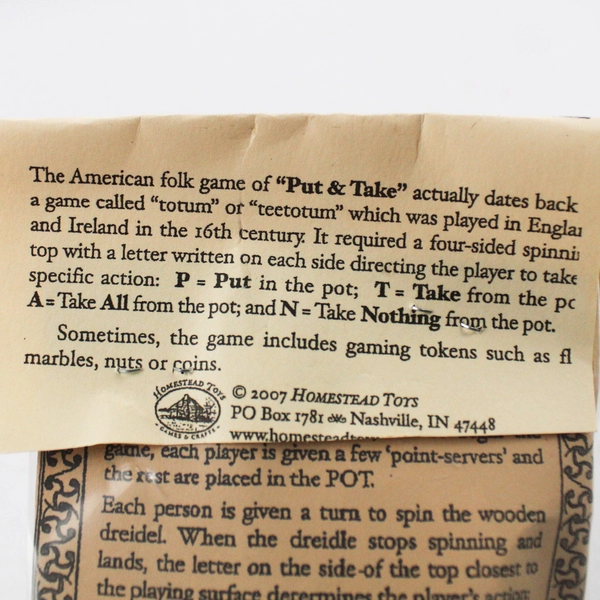 New Sealed Homestead Toys Put & Take Historical Game of Chance