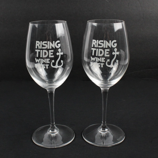 Lot of 2 Reidel Crystal Wine Glasses Advertising The Rising Tide Wine Fest