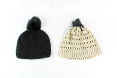 Lot of 2 Women's Knit Crochet Beanie Hats Winter Poms - Good Condition