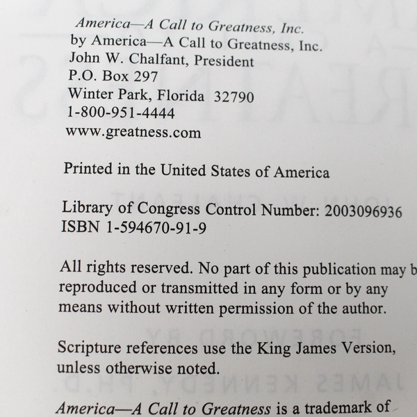 America: A Call to Greatness by John W. Chalfant, 2003 PB in Good Condition