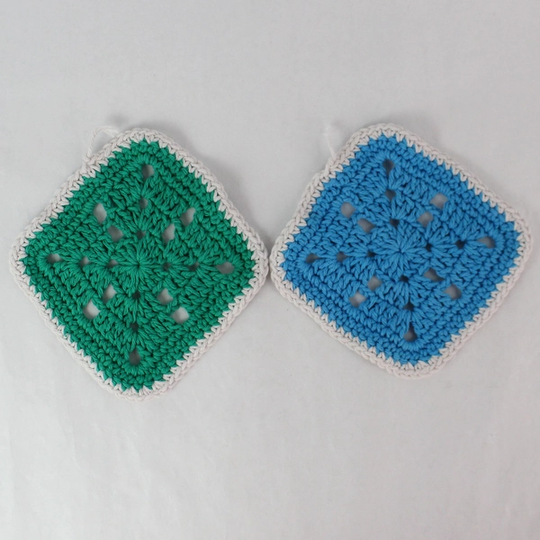 Lot of 2 Handmade Crochet 6" Blue & Green Granny Squares for DIY Crafting