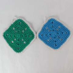 Lot of 2 Handmade Crochet 6" Blue & Green Granny Squares for DIY Crafting
