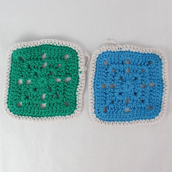 Lot of 2 Handmade Crochet 6" Blue & Green Granny Squares for DIY Crafting