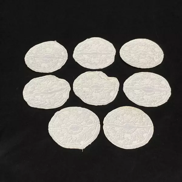 8 Vintage White Handmade Coasters Linen Back Needlework Top